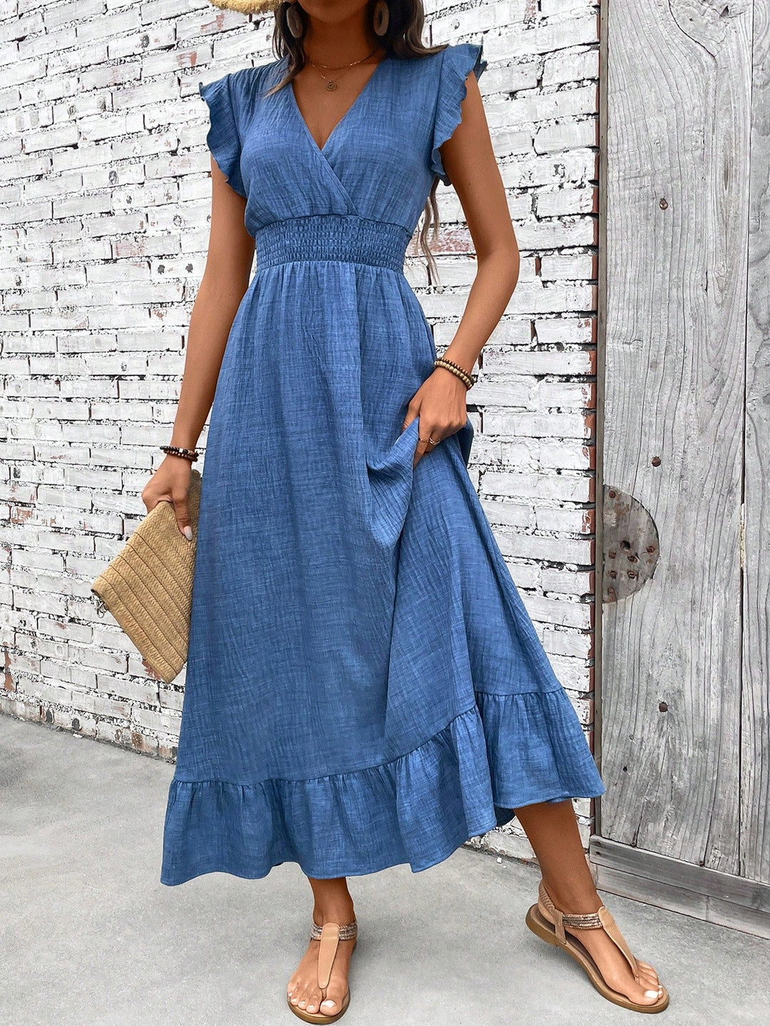 Rosalba | Damen V-Ausschnitt Wickel-Maxikleid - Blau - Bild 1
