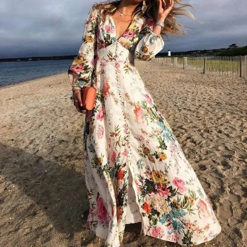 Rosalie | Women's Floral V-Neck Long Sleeve Maxi Dress - Floral - Image 1