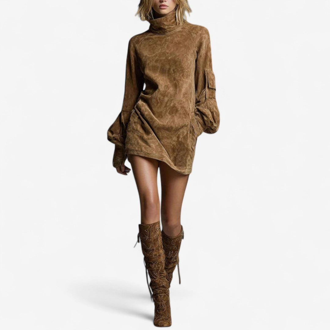 Rosalinda | Women's Mock Neck Long Sleeve Mini Dress - Brown - Image 1