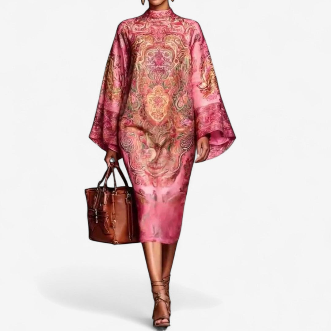 Rosalynn | Damen Kaftankleid mit Paisley-Muster und Stehkragen – Pink – Bild 1