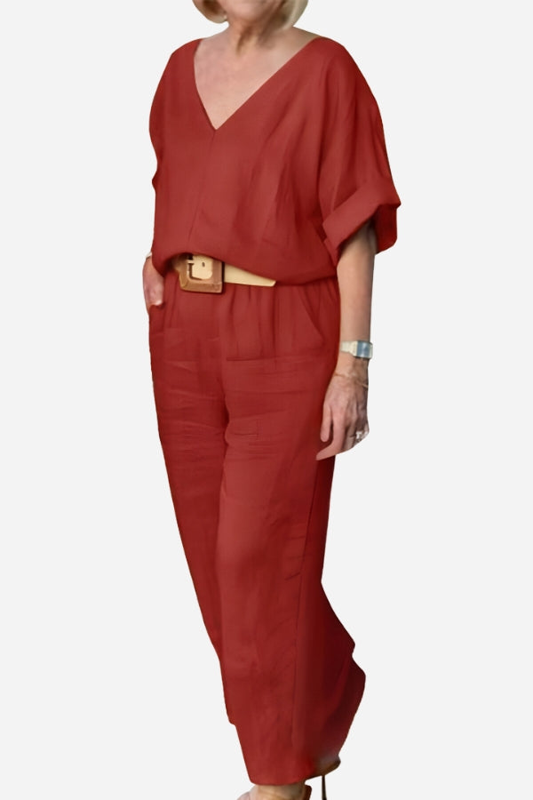 Rosamund | Women's V-Neck Batwing Two Piece Set - Red - Image 1