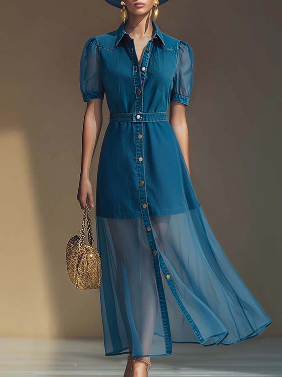 Rosanthe | Women's Button Front V-Neck Maxi Dress - Blue - Image 1
