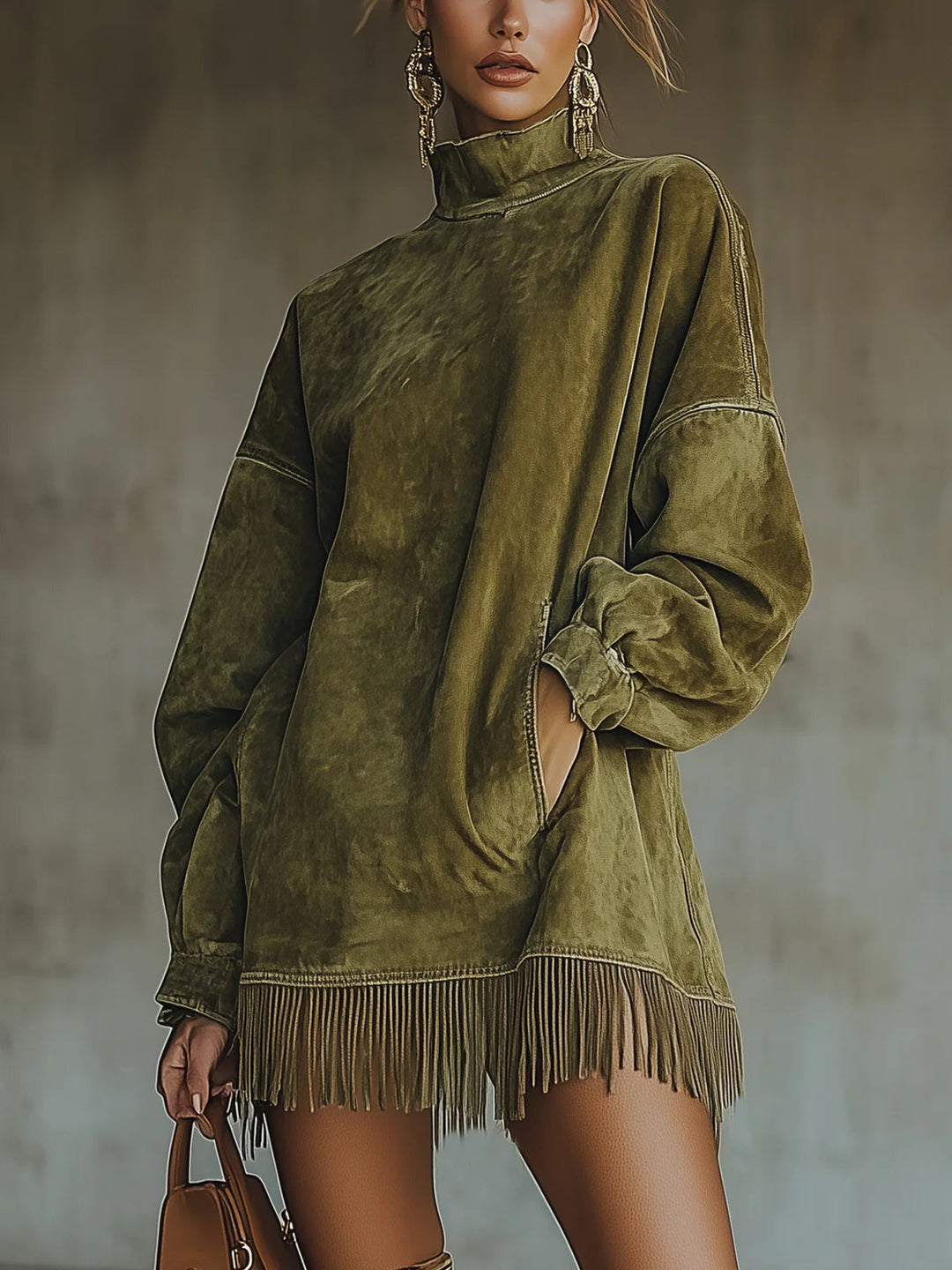 Rosemarie | Women's Oversized Fringe Sweatshirt Dress - Khaki - Image 1