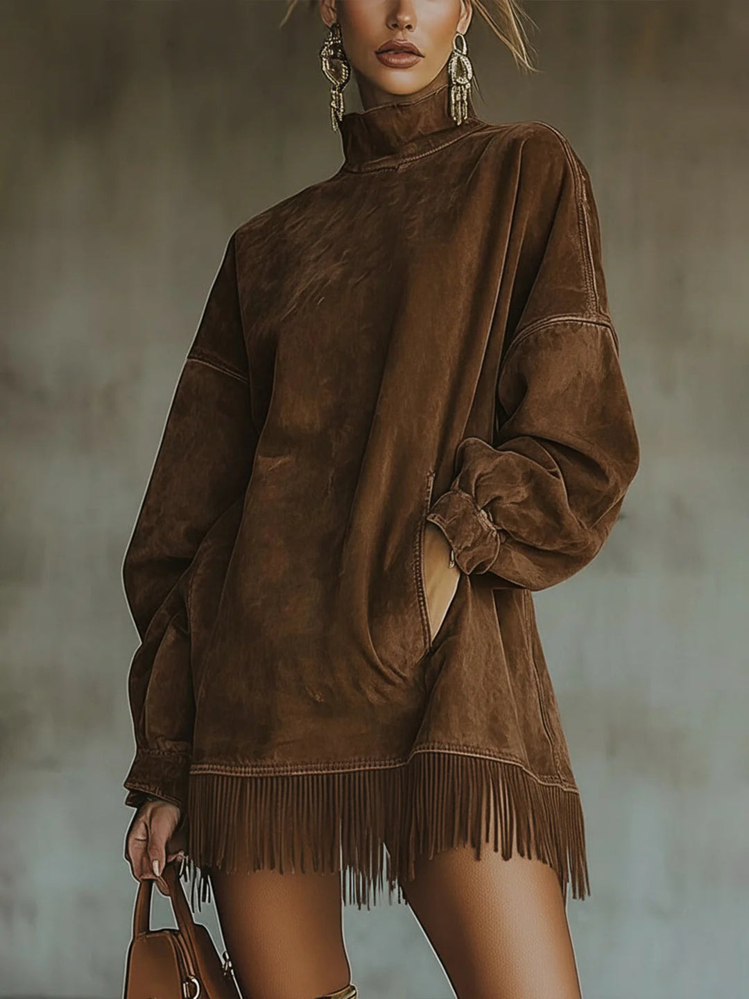 Rosemarie | Damen Oversized Sweatshirtkleid mit Fransen - Khaki - Bild 2