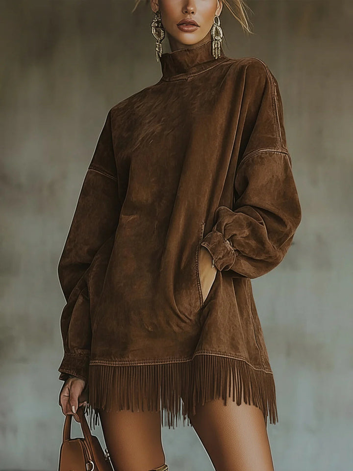 Rosemarie | Damen Oversized Sweatshirtkleid mit Fransen - Khaki - Bild 2
