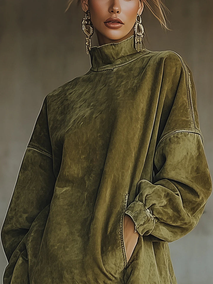 Rosemarie | Damen Oversized Sweatshirtkleid mit Fransen - Khaki - Bild 4