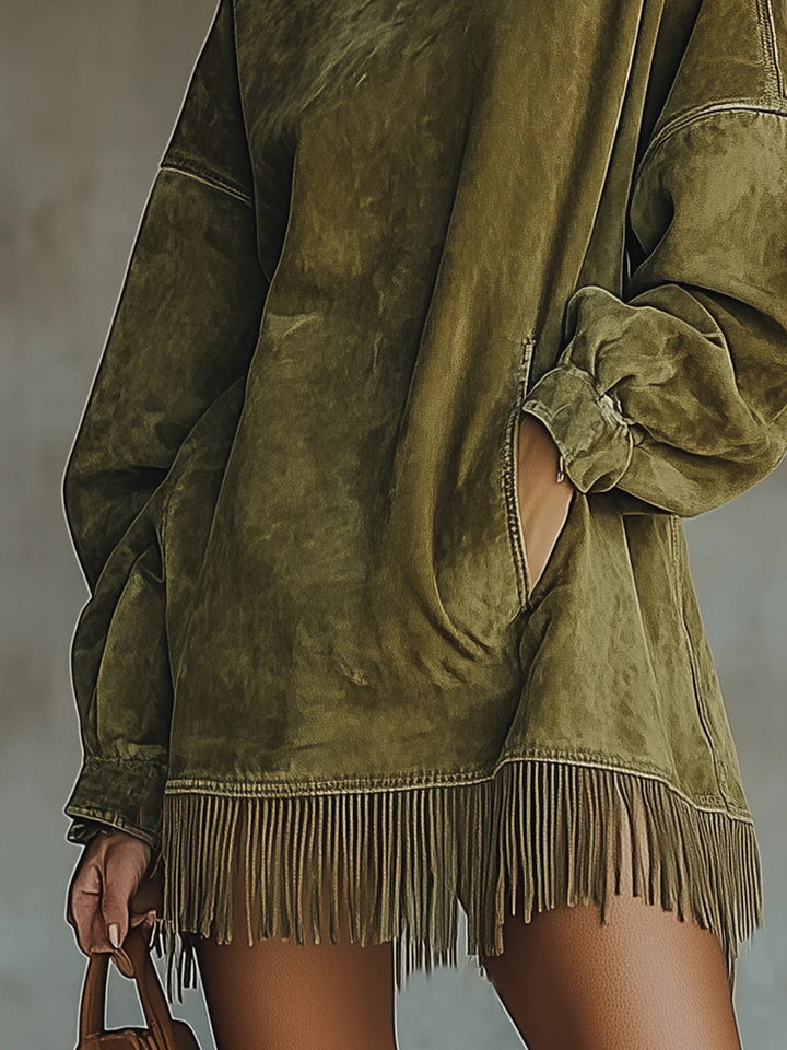 Rosemarie | Damen Oversized Sweatshirtkleid mit Fransen - Khaki - Bild 5
