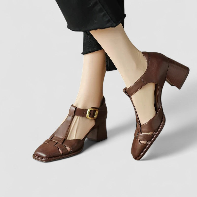 Rosette | Women's T-Strap Block Heel Shoes - Brown - Image 1