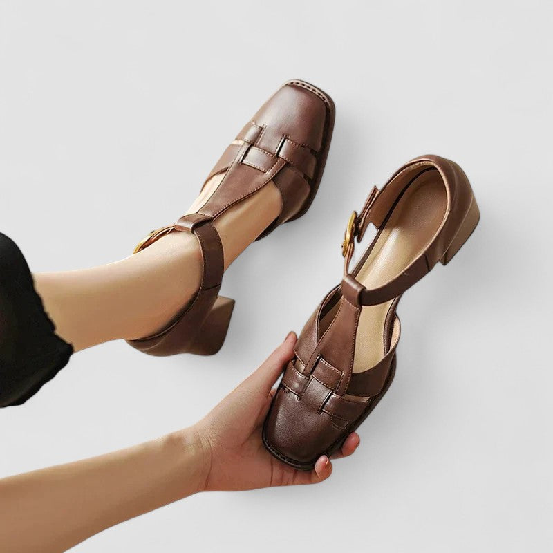 Rosette | Damen T-Riemchen Blockabsatz Schuhe - Braun - Bild 6