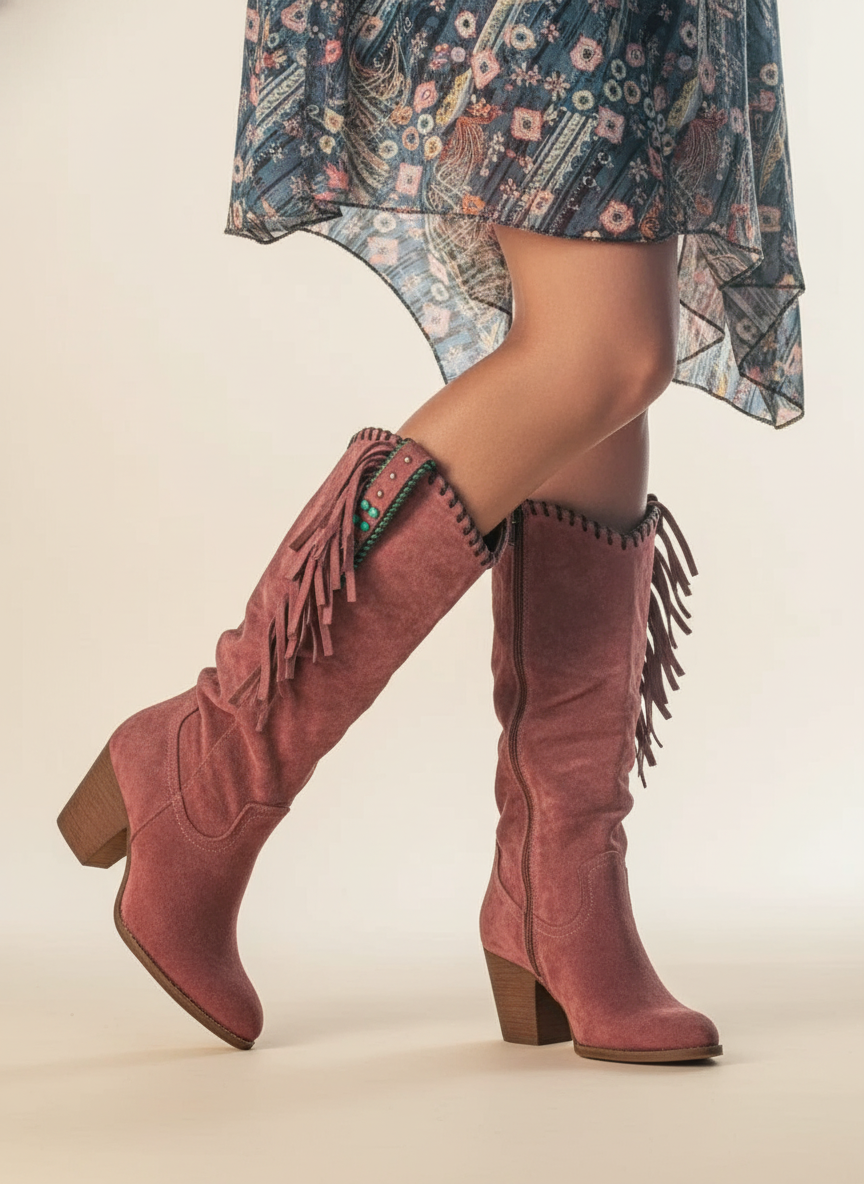 Rowena | Women's Fringe Knee High Boots - Brown - Image 1