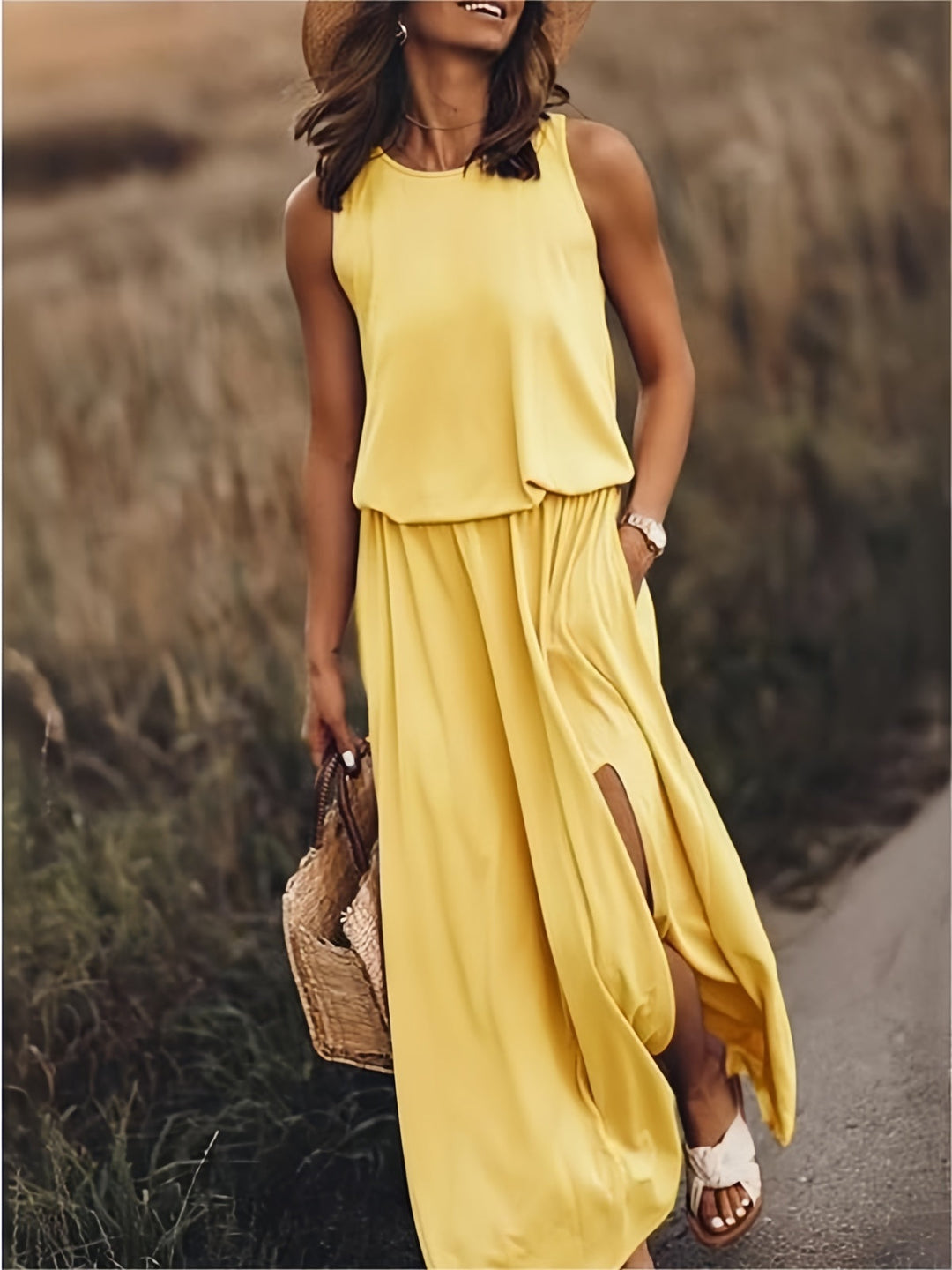 Rowena | Women's Sleeveless Yellow Maxi Dress - Yellow - Image 1