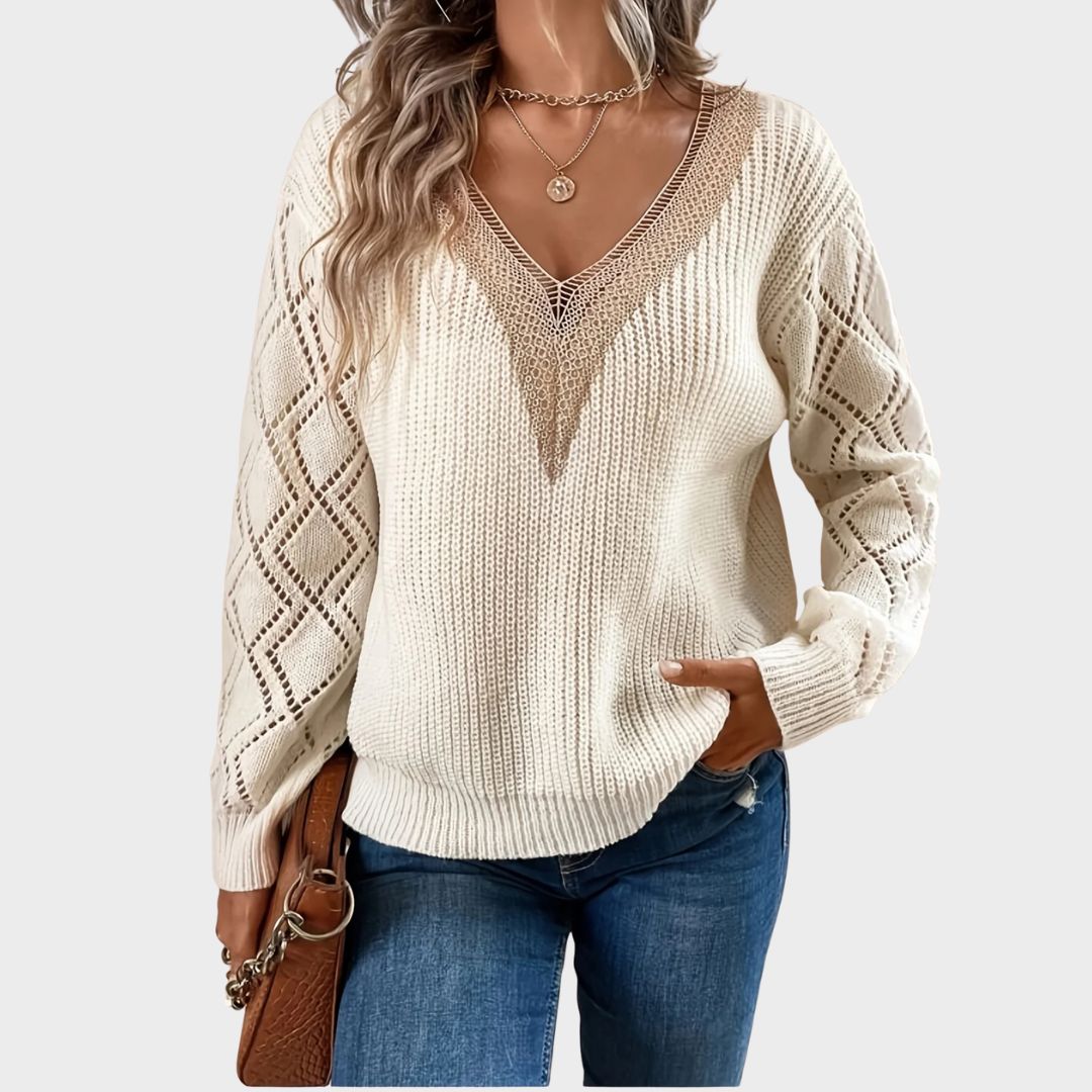 Roxanna | Women's V-Neck Cable Knit Sweater - Beige - Image 1