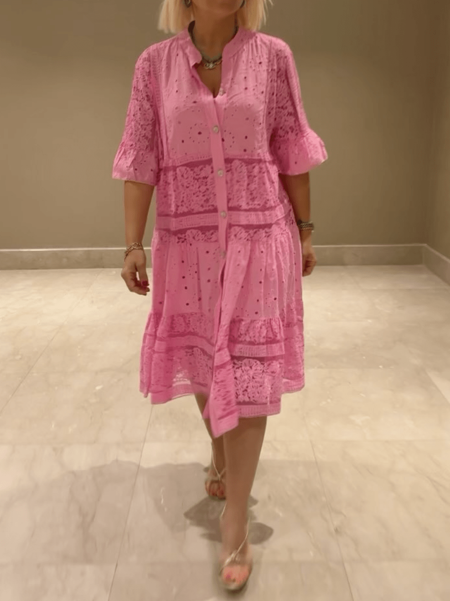 Saffron | Women's Embroidered Collared Midi Dress - Pink - Image 1