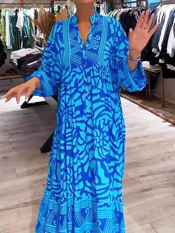 Serafina | Women's V-Neck Long Sleeve Maxi Dress - Blue - Image 1