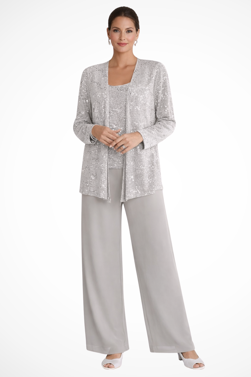 Serafine | Women's Wide Leg Sequin Suit Set - Silver - Image 1