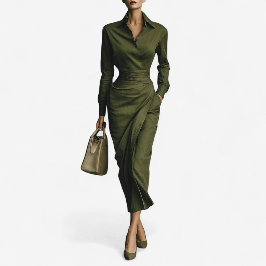 Seralynne | Women's Collared Long Sleeve Shirt Dress - Khaki - Image 1
