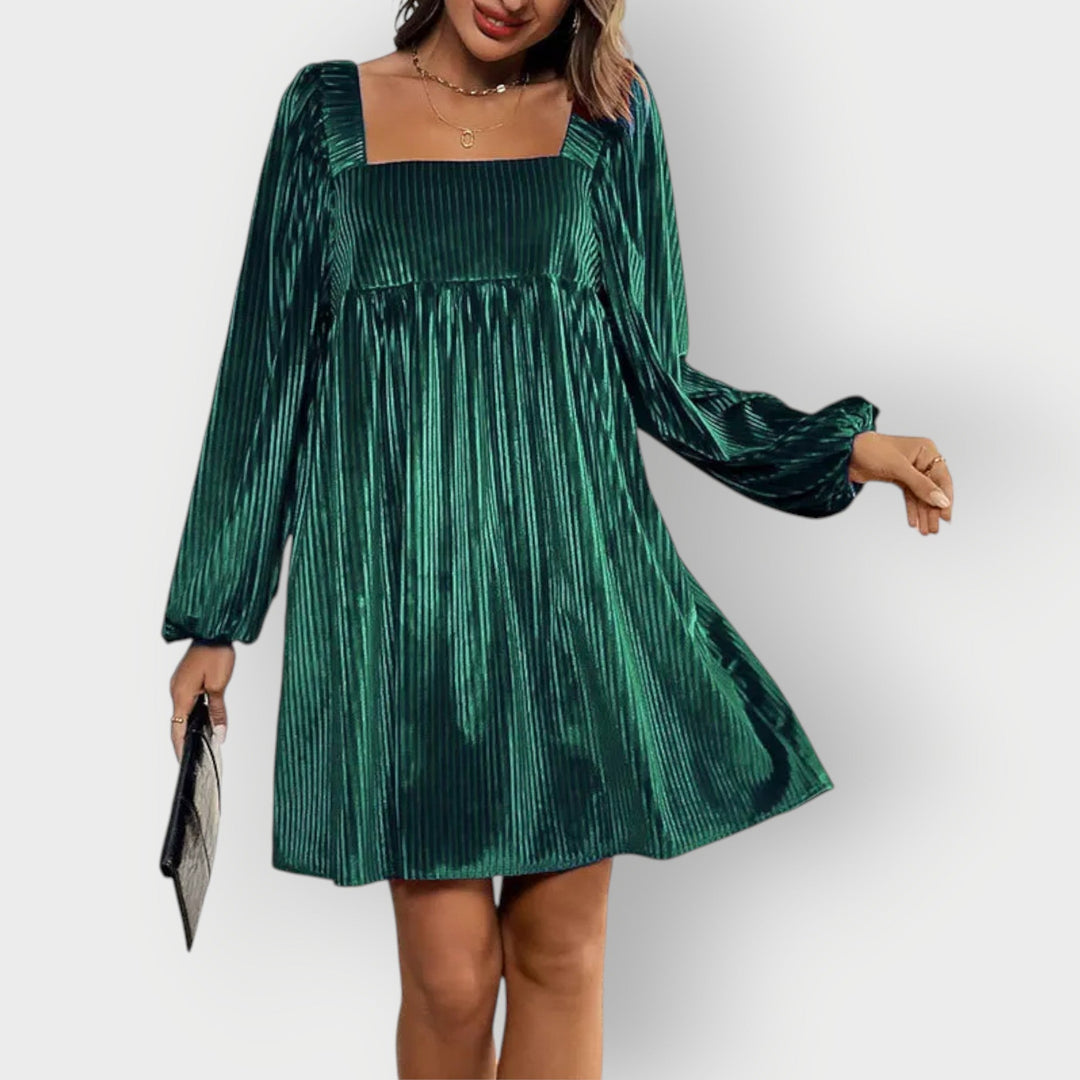 Seraphana | Women's Square Neck Long Sleeve Mini Dress - Green - Image 1