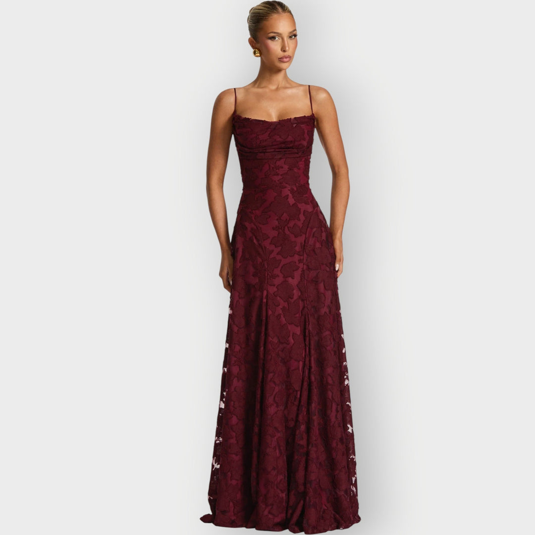 Seraphella | Women's Lace Maxi Evening Gown - Burgundy - Image 1
