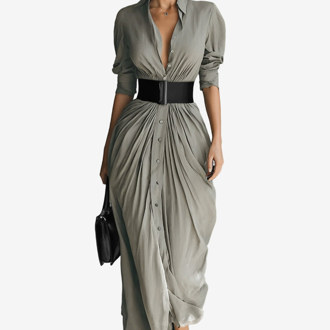 Seraphelle | Women's Belted Long Sleeve Shirt Dress - Khaki - Image 1