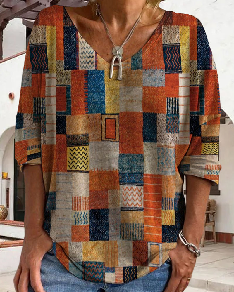 Seraphia | Women's Patchwork V-Neck 3/4 Sleeve Blouse - Image 1