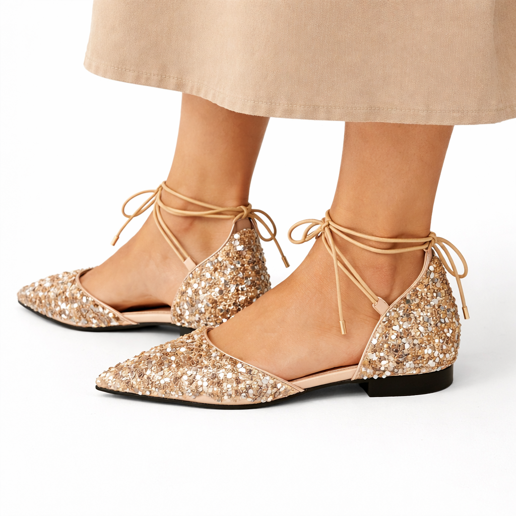 Seraphima | Women's Pointed Toe Lace Up Flat Shoes - Gold - Image 1