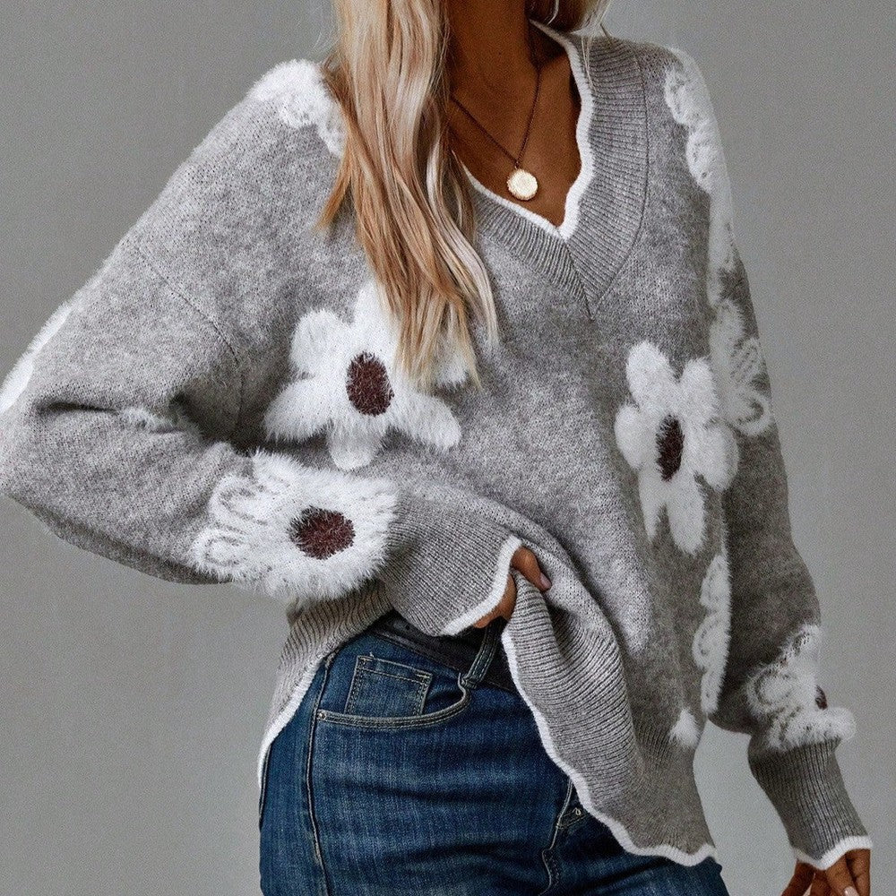Seraphina | Women's Daisy V-Neck Long Sleeve Jumper - Grey - Image 1