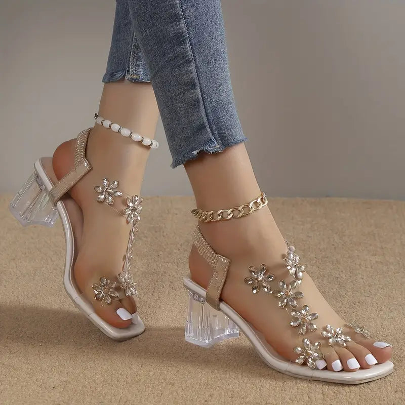 Seraphira | Women's Rhinestone Block Heel Sandals - Gold - Image 1