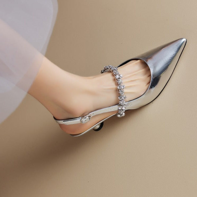 Seren | Women's Crystal Strap Pointed Toe Slingback Heels - Silver - Image 1