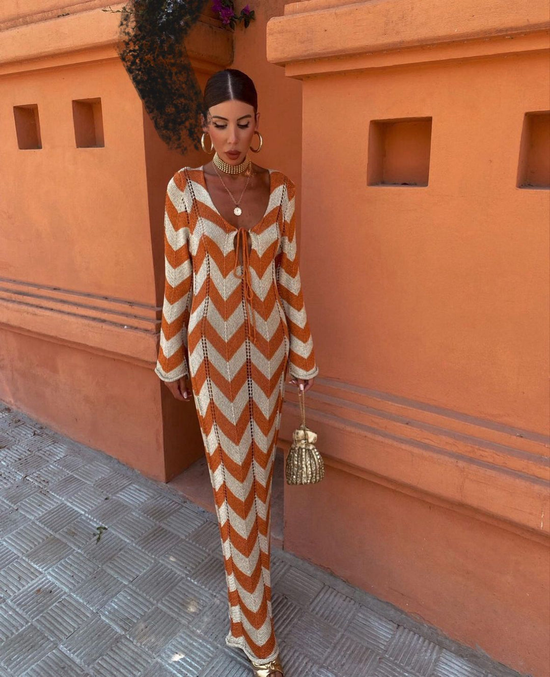 Serena | Women's Chevron Stripe Long Sleeve Maxi Dress - Orange - Image 1