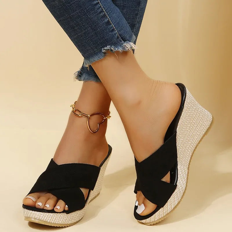 Serenara | Women's Cross Strap Wedge Sandals - Black - Image 1