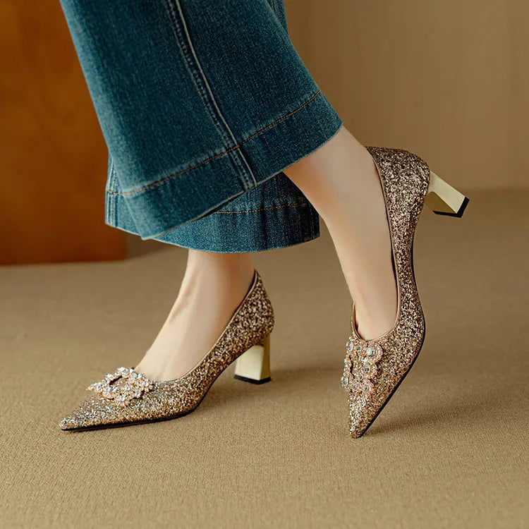 Serenita | Women's Glitter Block Heel Pointed Toe Pumps - Gold - Image 1