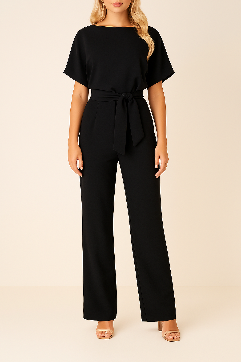 Serenity | Women's Belted Wide Leg Jumpsuit - Black - Image 1