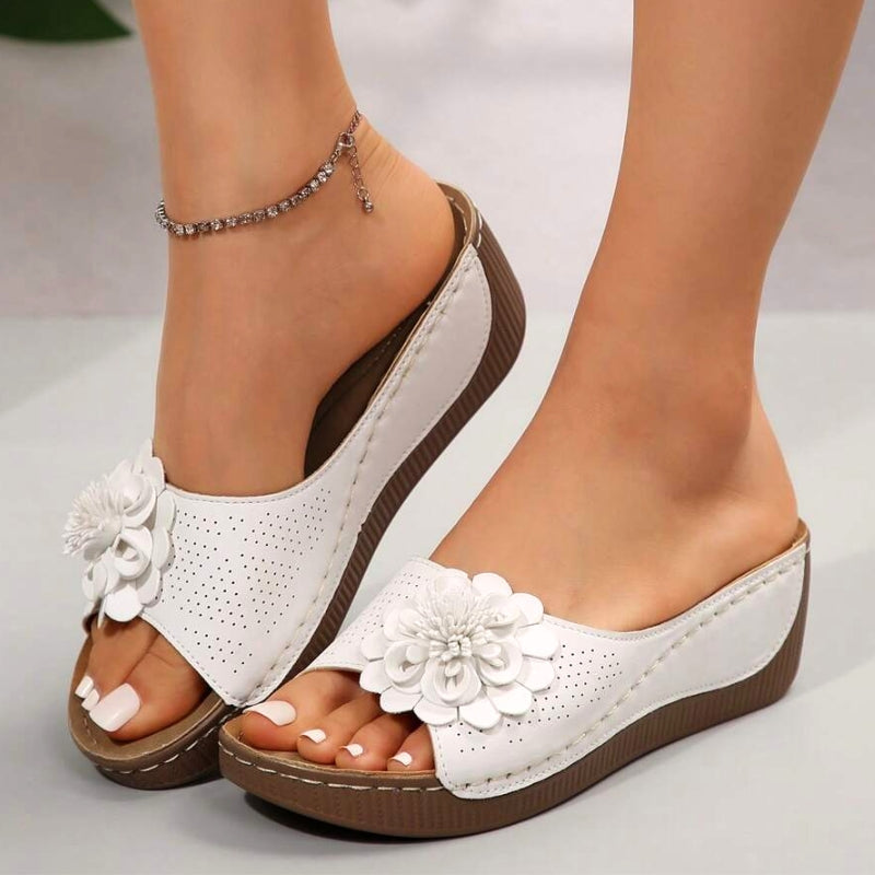 Serenity | Women's Floral Wedge Slide Sandal - White - Image 1