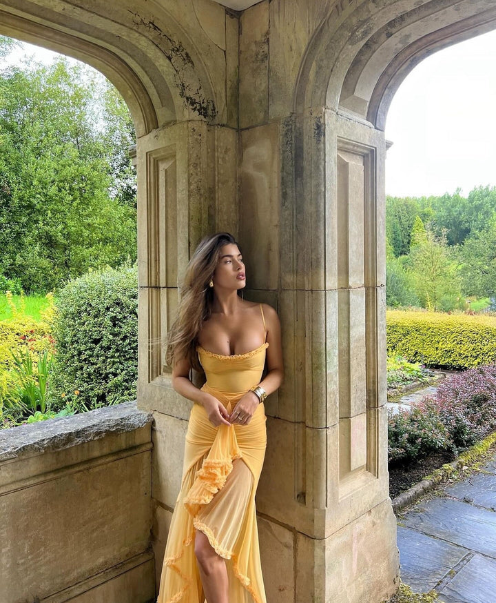 Solareth | Damen Maxikleid mit gerafftem Herzausschnitt - Gelb - Bild 7
