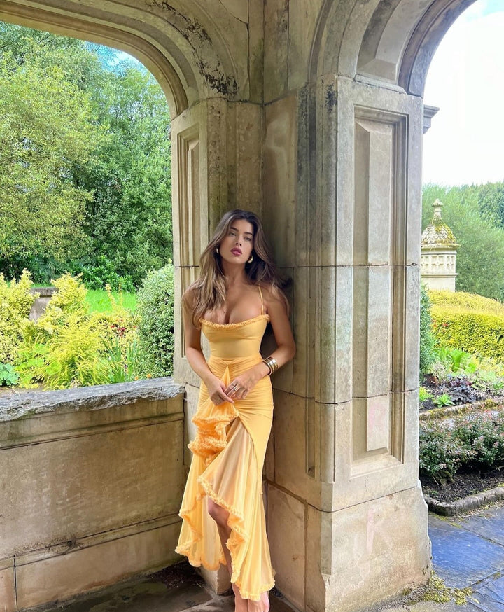 Solareth | Damen Maxikleid mit gerafftem Herzausschnitt - Gelb - Bild 8