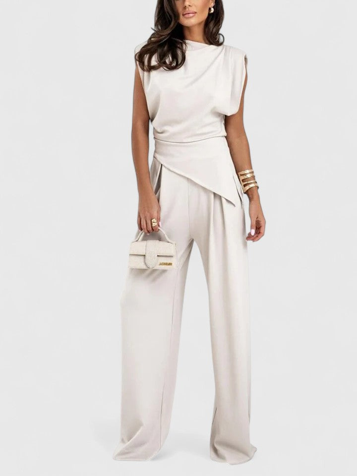 Sybilla | Women's Asymmetric Draped Two Piece Set - Beige - Image 1
