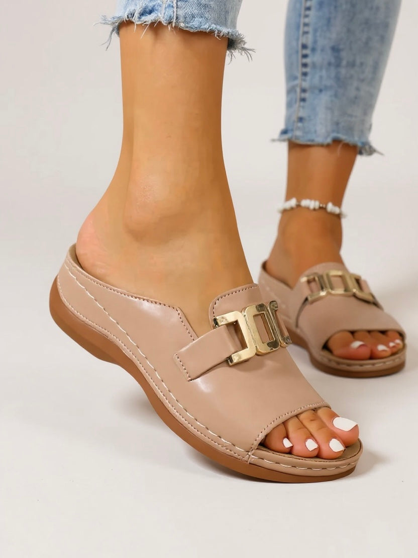 Tabatha | Women's Cushioned Buckle Slides - Beige - Image 1
