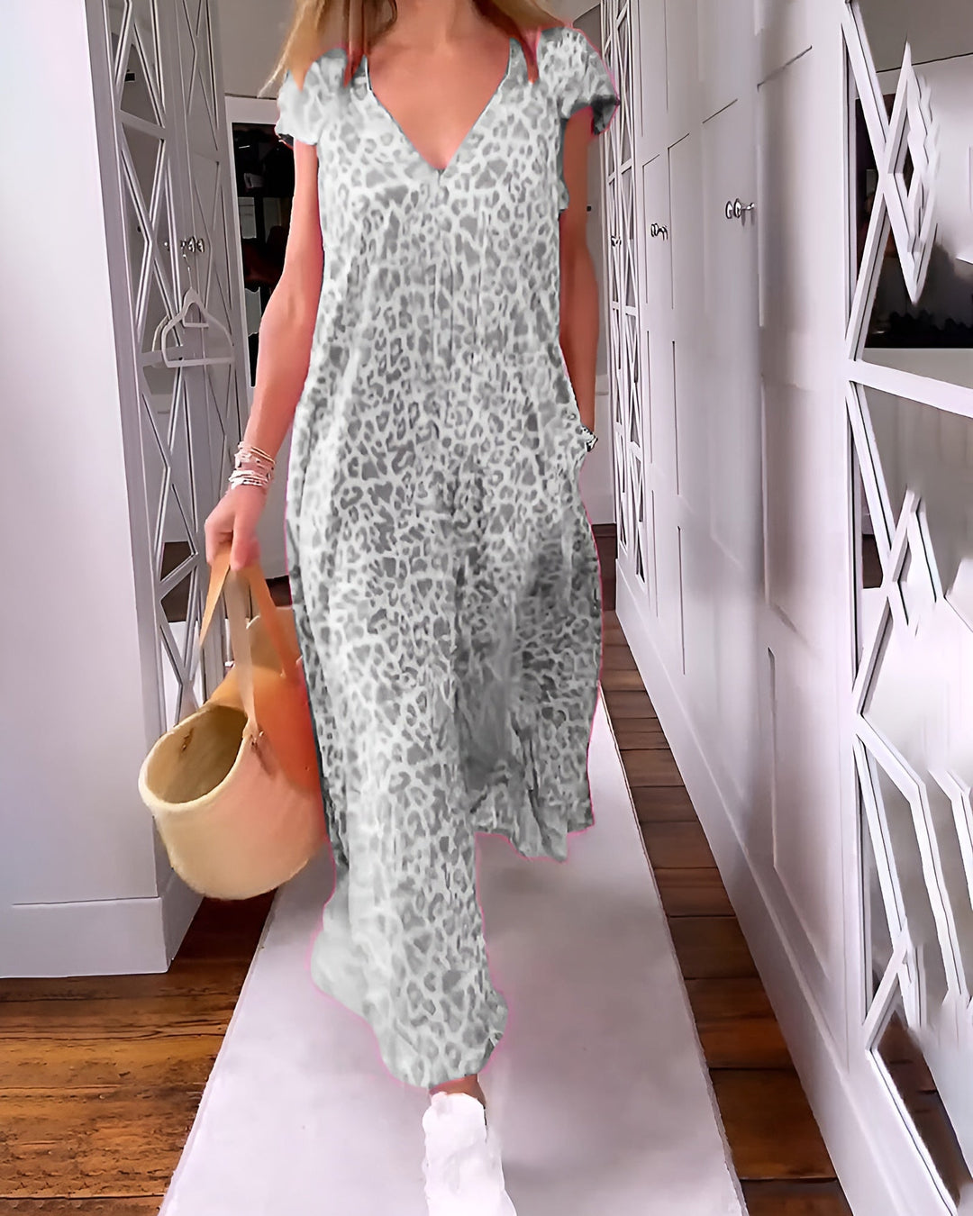 Tabatha | Damen V-Ausschnitt Maxikleid mit Leopardenmuster - Pink - Bild 5