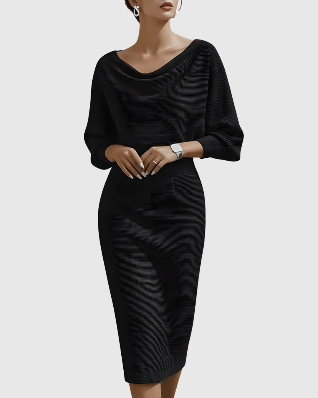 Tabitha | Women's Cowl Neck Long Sleeve Midi Dress - Black - Image 1