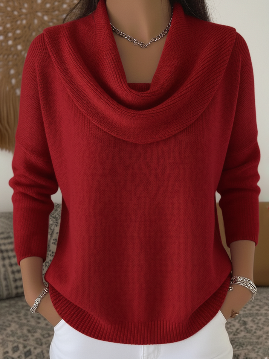 Tabitha | Women's Cowl Neck Long Sleeve Sweater - Red - Image 1