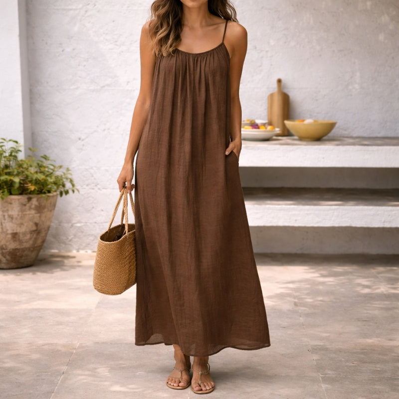 Tamara | Women's Spaghetti Strap Maxi Dress - Brown - Image 1