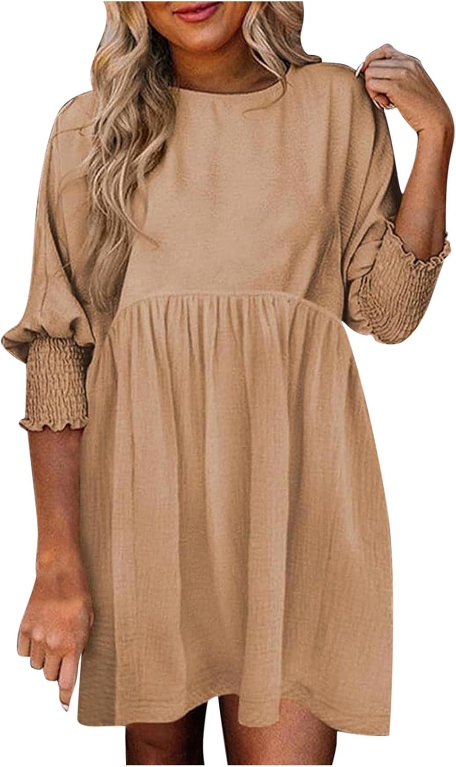 Tamsin | Women's Ruched Long Sleeve Mini Dress - Beige - Image 1