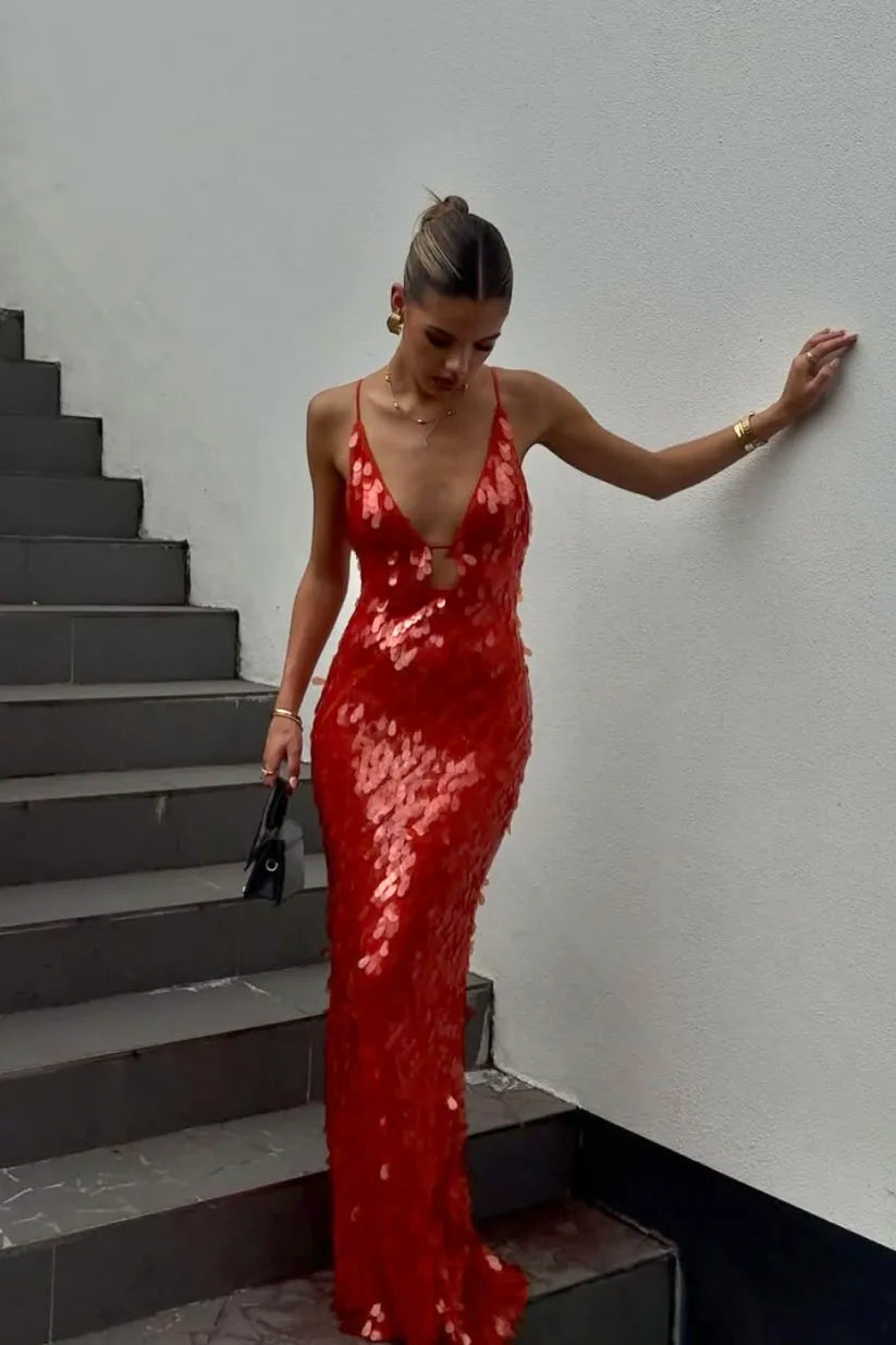 Temperance | Women's Red V-Neck Maxi Dress - Red - Image 1