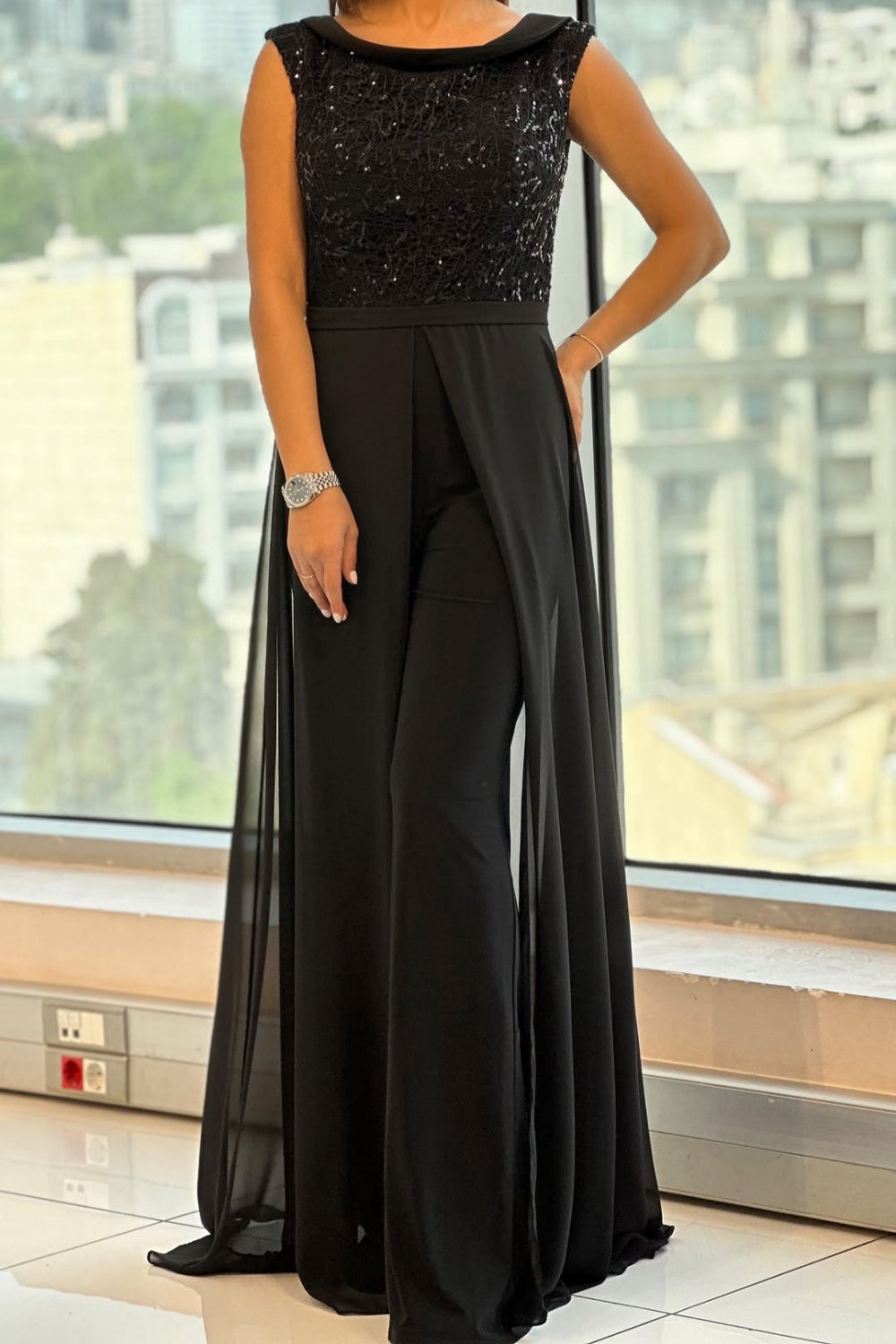 Temperance | Women's Sequin Sleeveless Jumpsuit - Black - Image 1