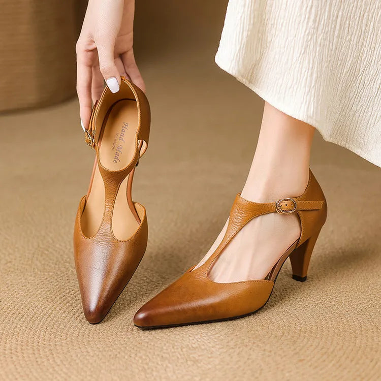 Temperance | Women's T-Strap Pointed Toe Mid Heels - Brown - Image 1