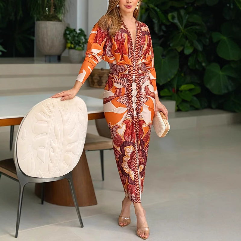 Tessa | Women's V Neck Long Sleeve Midi Dress - Orange - Image 1