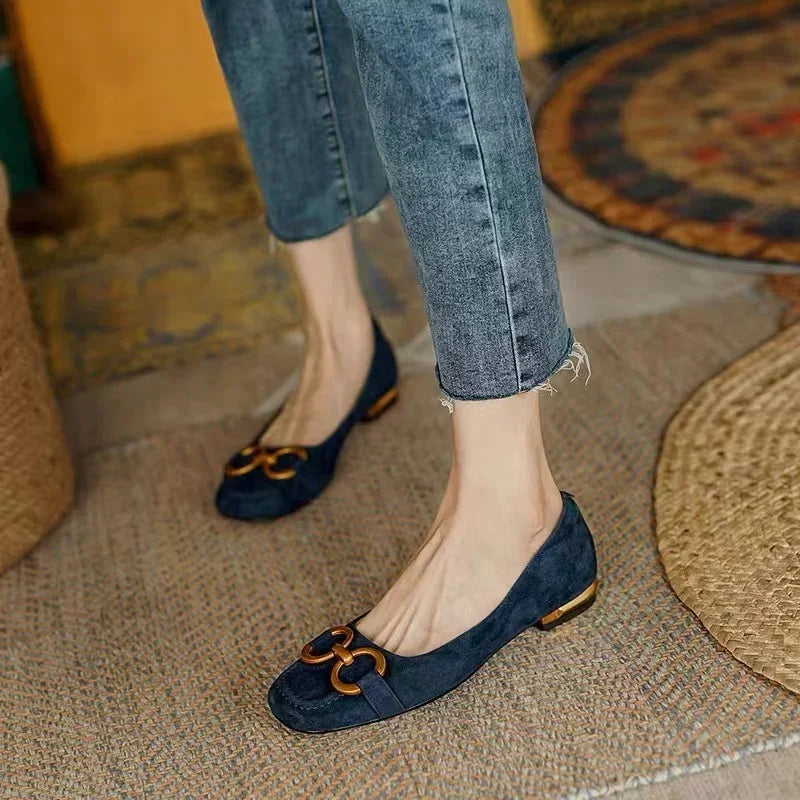 Thalia | Women's Ballet Flats Buckle Detail Navy Shoes - Navy - Image 1