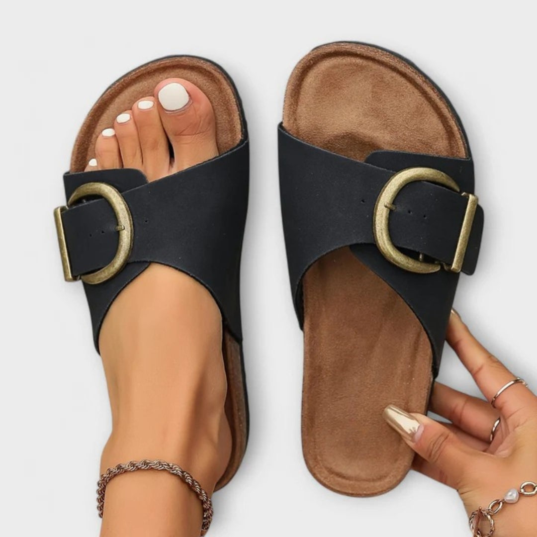 Theodora | Women's Buckle Flat Sandals - Black - Image 1