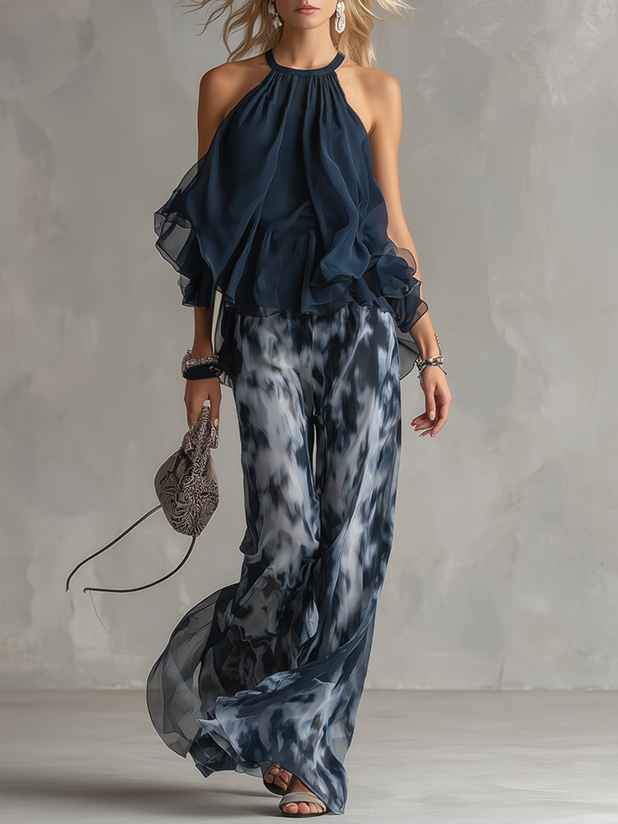 Theodoria | Women's Halter Neck Wide Leg Set - Navy - Image 1