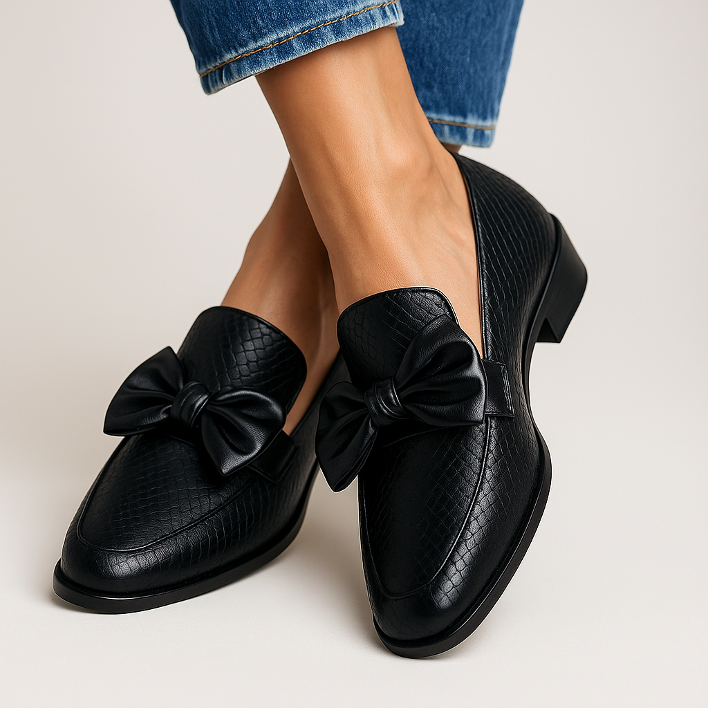 Theodossa | Women's Black Bow Loafer Shoes - Black - Image 1
